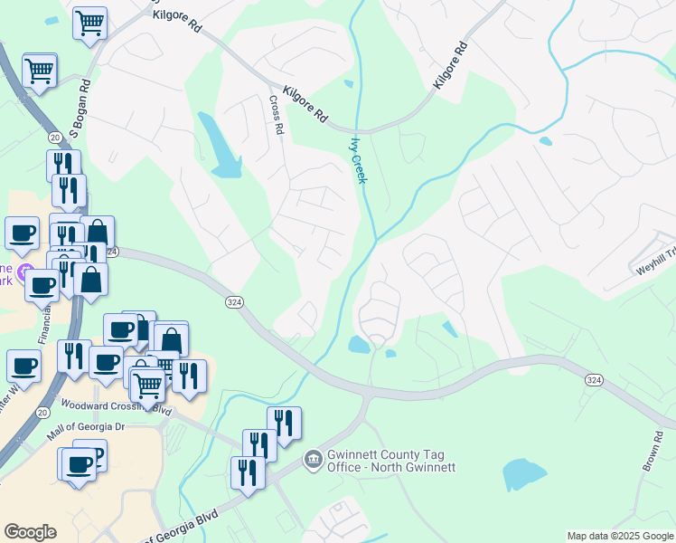map of restaurants, bars, coffee shops, grocery stores, and more near 2100 Mill Garden Run Northeast in Buford