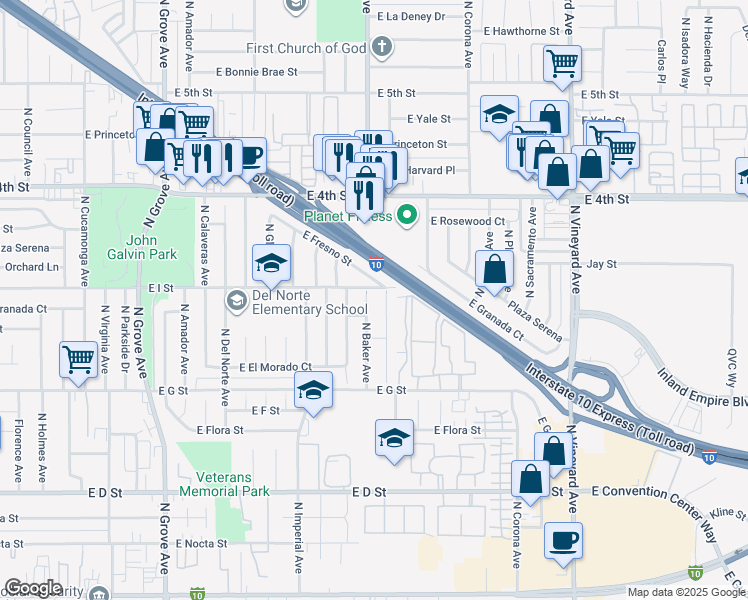 map of restaurants, bars, coffee shops, grocery stores, and more near 846 North Baker Avenue in Ontario
