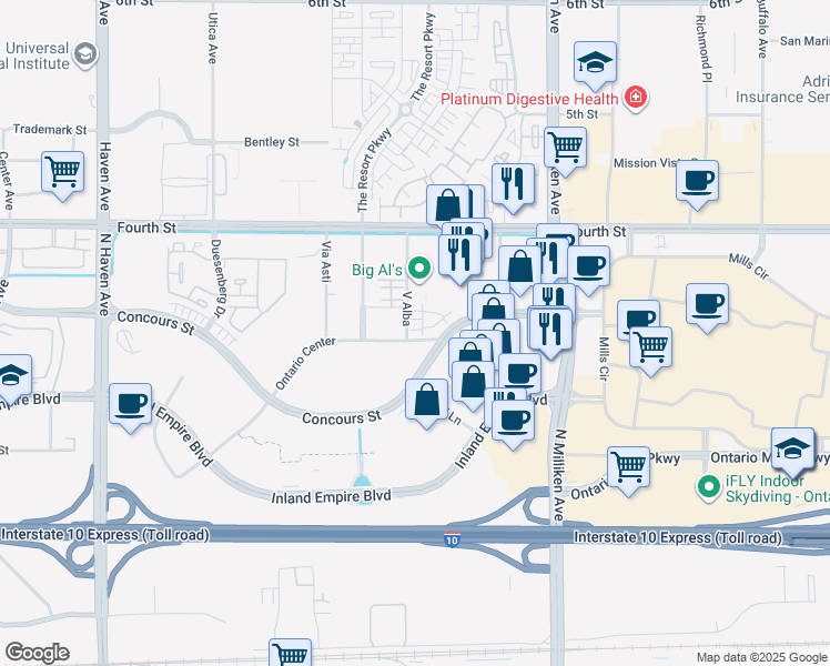 map of restaurants, bars, coffee shops, grocery stores, and more near 960 North Tangent Privado in Ontario