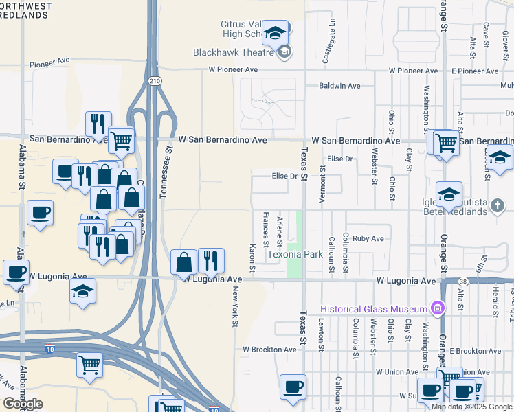 map of restaurants, bars, coffee shops, grocery stores, and more near 830 West Pennsylvania Avenue in Redlands
