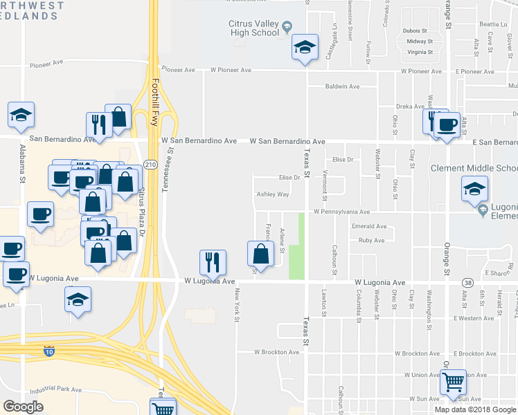 map of restaurants, bars, coffee shops, grocery stores, and more near 1502 Karon Street in Redlands