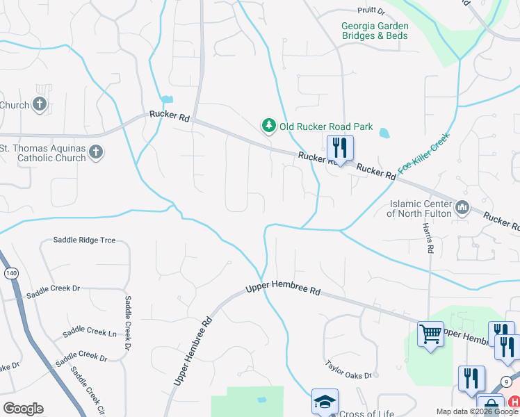 map of restaurants, bars, coffee shops, grocery stores, and more near 125 North Bluff in Alpharetta