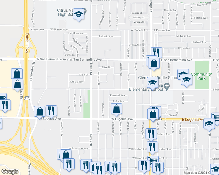 map of restaurants, bars, coffee shops, grocery stores, and more near 508 West Pennsylvania Avenue in Redlands