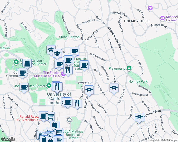 map of restaurants, bars, coffee shops, grocery stores, and more near 337 Charles E Young Drive East in Los Angeles