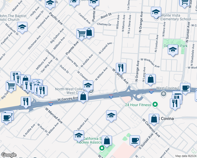 map of restaurants, bars, coffee shops, grocery stores, and more near 204 North Willow Avenue in West Covina