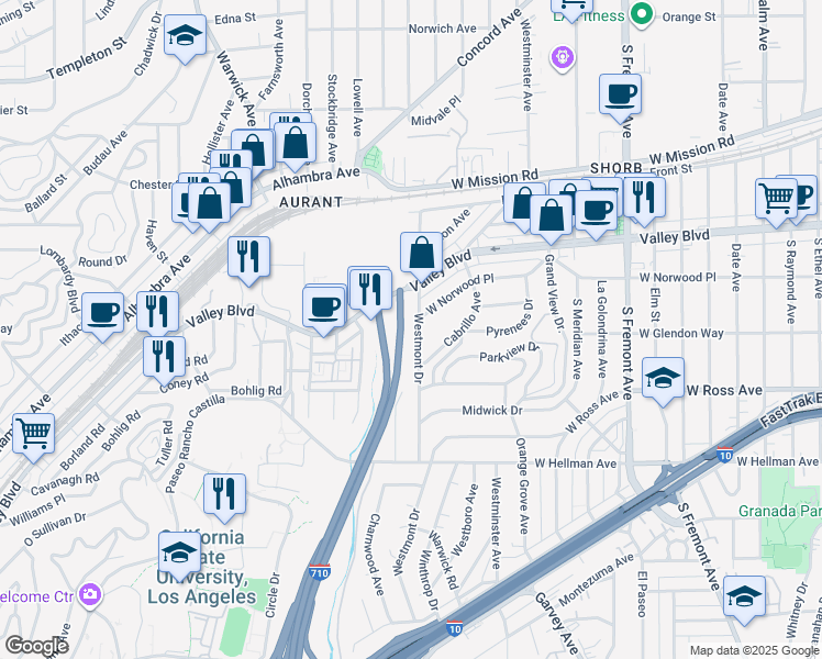 map of restaurants, bars, coffee shops, grocery stores, and more near 1643 Westmont Drive in Alhambra