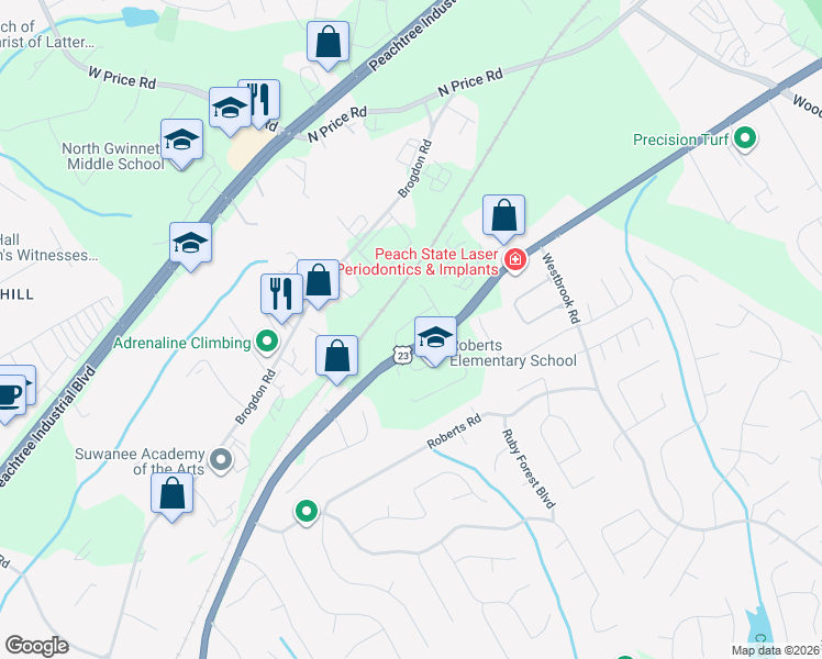 map of restaurants, bars, coffee shops, grocery stores, and more near 231 Wildcat Ridge Drive in Suwanee