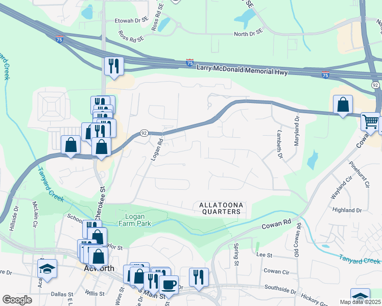 map of restaurants, bars, coffee shops, grocery stores, and more near 4391 Logan Way in Acworth