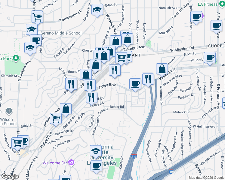map of restaurants, bars, coffee shops, grocery stores, and more near 2366 Bullard Avenue in Los Angeles