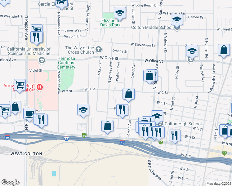 map of restaurants, bars, coffee shops, grocery stores, and more near 963 W C St in Colton