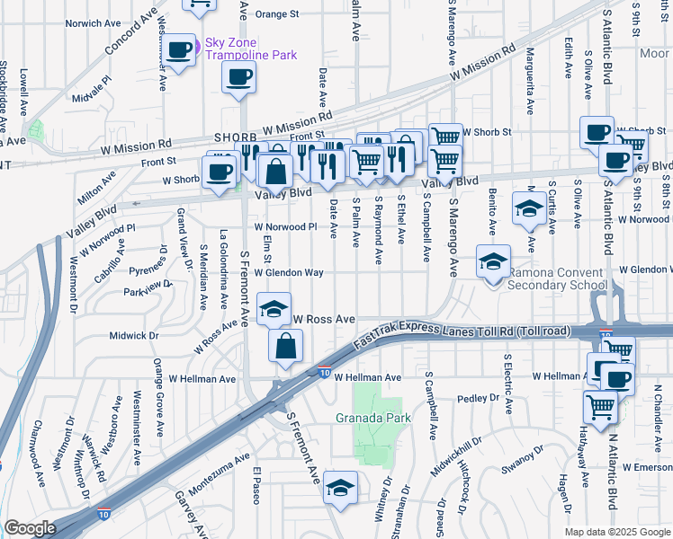 map of restaurants, bars, coffee shops, grocery stores, and more near 1644 Date Avenue in Alhambra