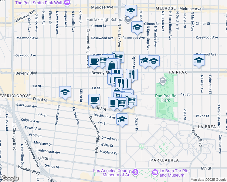 map of restaurants, bars, coffee shops, grocery stores, and more near 104 South Hayworth Avenue in West Hollywood