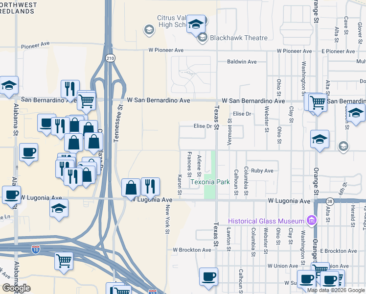 map of restaurants, bars, coffee shops, grocery stores, and more near 1502 Karon Street in Redlands