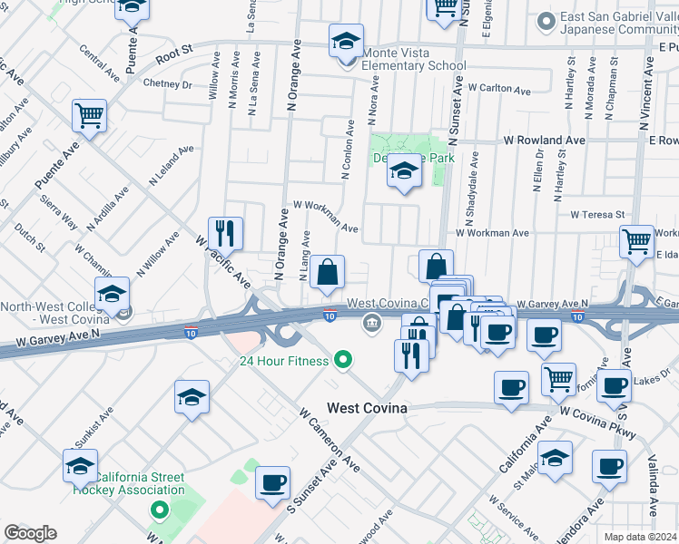map of restaurants, bars, coffee shops, grocery stores, and more near 144 North Conlon Avenue in West Covina