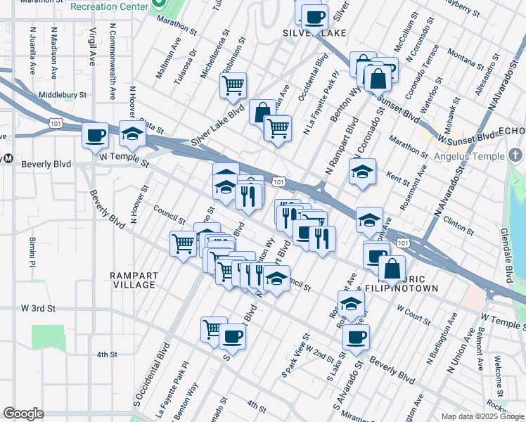 map of restaurants, bars, coffee shops, grocery stores, and more near 319 North La Fayette Park Place in Los Angeles