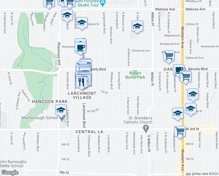 map of restaurants, bars, coffee shops, grocery stores, and more near 125 North Windsor Boulevard in Los Angeles
