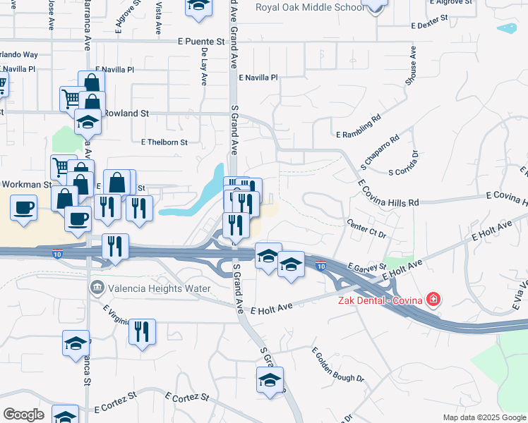 map of restaurants, bars, coffee shops, grocery stores, and more near 154 North Grand Avenue in West Covina
