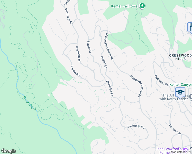 map of restaurants, bars, coffee shops, grocery stores, and more near 2146 Westridge Road in Los Angeles