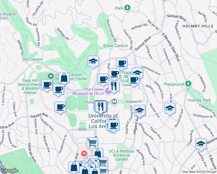 map of restaurants, bars, coffee shops, grocery stores, and more near 110 Westwood Plaza in Los Angeles