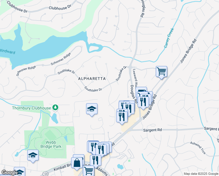 map of restaurants, bars, coffee shops, grocery stores, and more near 6205 Bannerhorn Run in Alpharetta