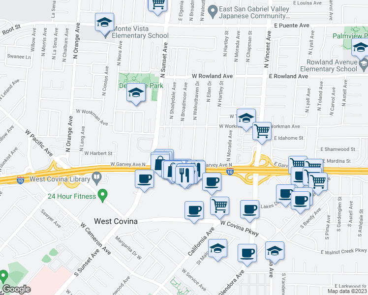 map of restaurants, bars, coffee shops, grocery stores, and more near 206 N Broadmoor Ave in West Covina