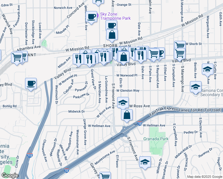 map of restaurants, bars, coffee shops, grocery stores, and more near 1645 Fremont Avenue in Alhambra