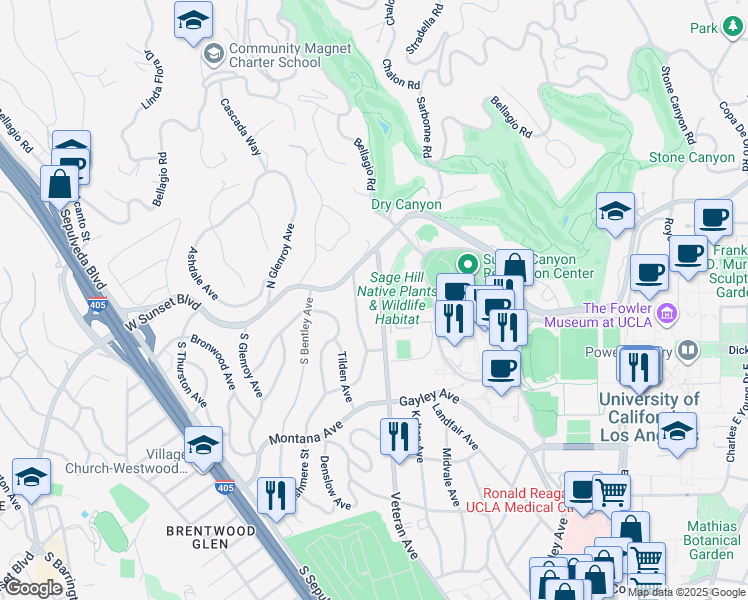 map of restaurants, bars, coffee shops, grocery stores, and more near 165 Veteran Ave in Los Angeles