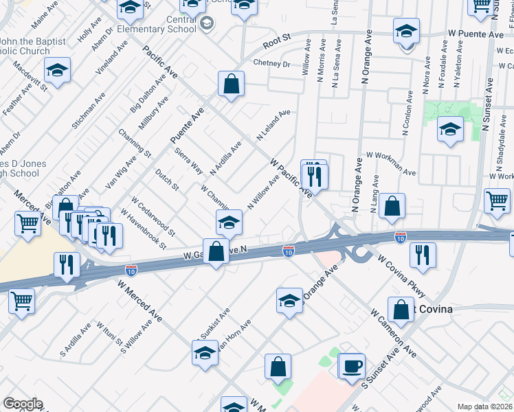 map of restaurants, bars, coffee shops, grocery stores, and more near 200 North Willow Avenue in West Covina