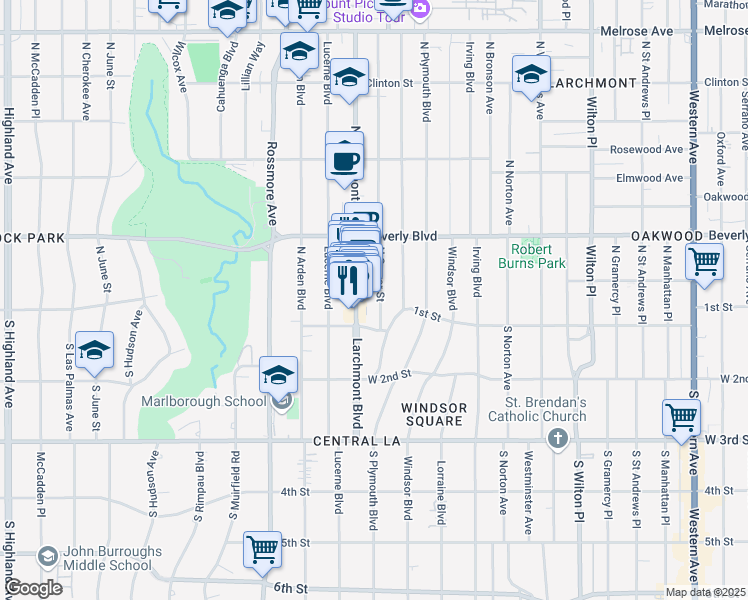 map of restaurants, bars, coffee shops, grocery stores, and more near 135 North Gower Street in Los Angeles