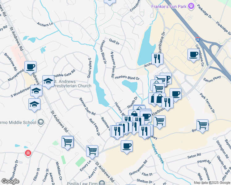 map of restaurants, bars, coffee shops, grocery stores, and more near 298 Hunters Blind Drive in Columbia