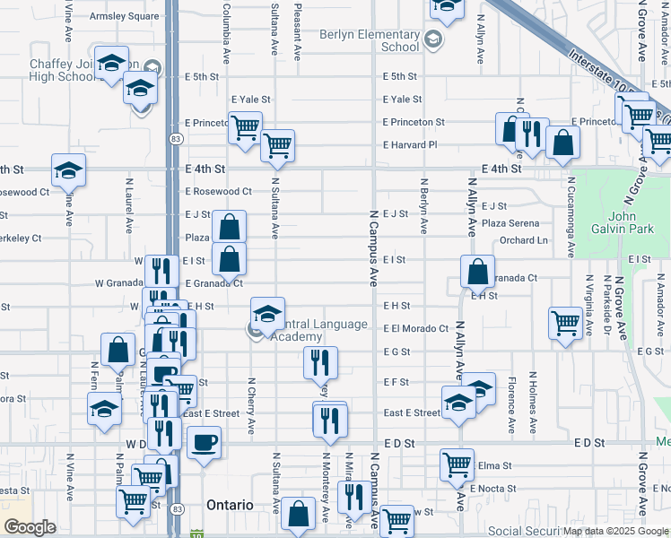 map of restaurants, bars, coffee shops, grocery stores, and more near in Ontario