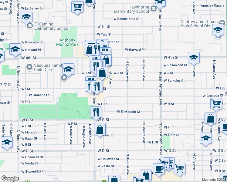 map of restaurants, bars, coffee shops, grocery stores, and more near 959 West I Street in Ontario