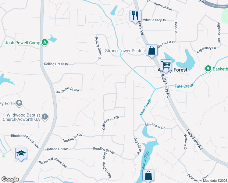 map of restaurants, bars, coffee shops, grocery stores, and more near 655 Sunshine Trce Northwest in Acworth
