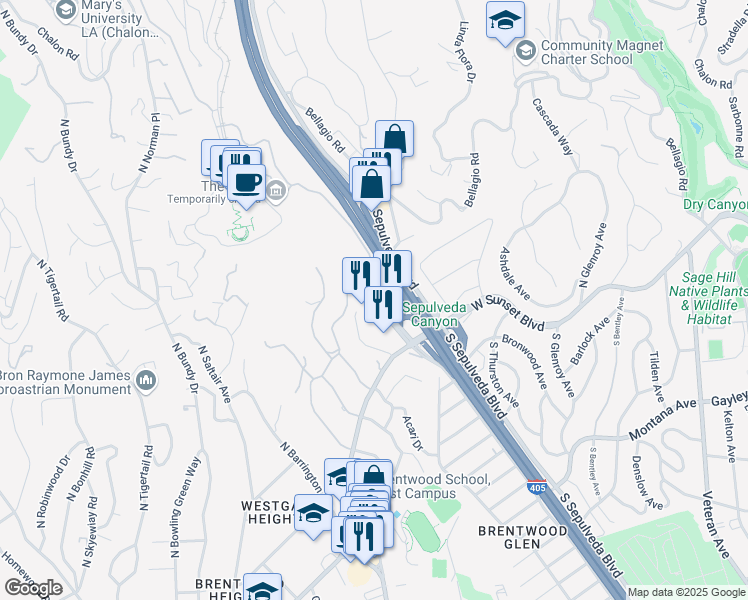 map of restaurants, bars, coffee shops, grocery stores, and more near 171 North Church Lane in Los Angeles