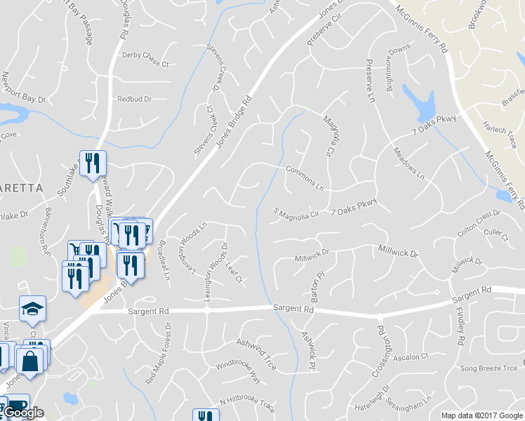 map of restaurants, bars, coffee shops, grocery stores, and more near 11975 South Magnolia Circle in Alpharetta