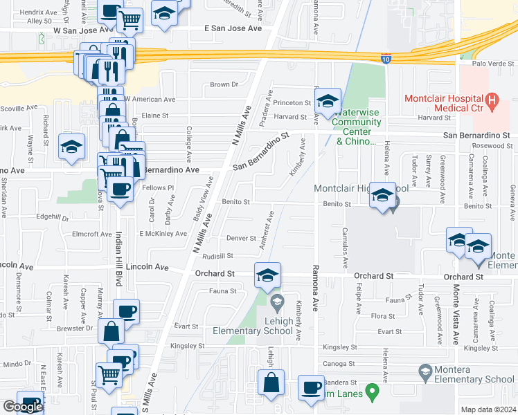 map of restaurants, bars, coffee shops, grocery stores, and more near 4327 Benito Street in Montclair