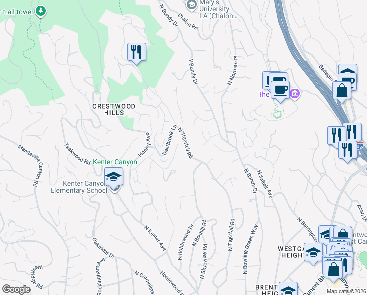map of restaurants, bars, coffee shops, grocery stores, and more near 12310 Rochedale Lane in Los Angeles