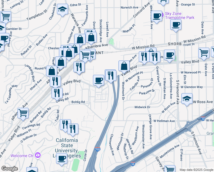 map of restaurants, bars, coffee shops, grocery stores, and more near 5520 Valley Boulevard in Los Angeles