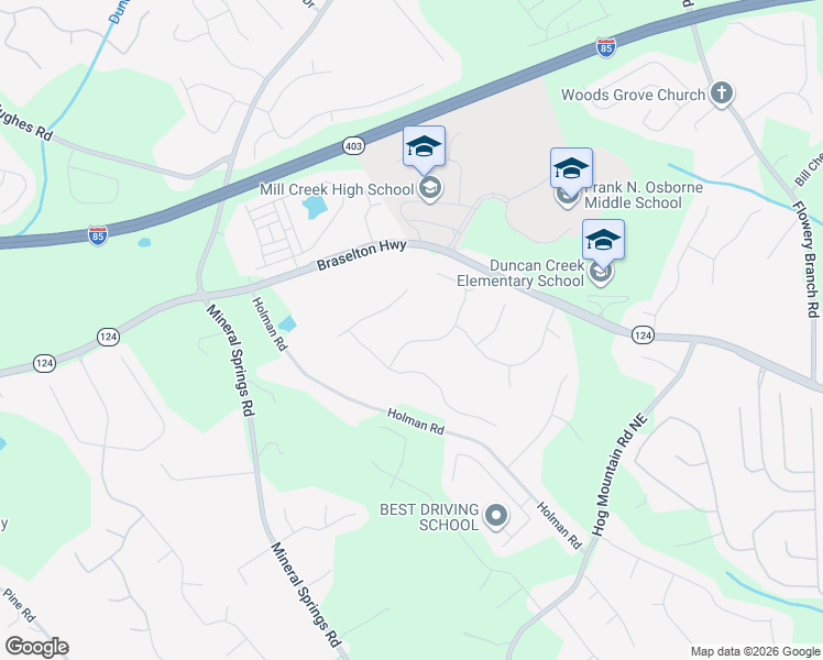 map of restaurants, bars, coffee shops, grocery stores, and more near 4284 Milford Place Northeast in Hoschton