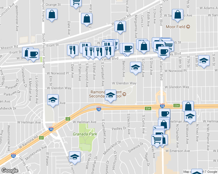 map of restaurants, bars, coffee shops, grocery stores, and more near 1631 South Marengo Avenue in Alhambra