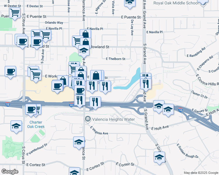 map of restaurants, bars, coffee shops, grocery stores, and more near 678 East Workman Street in Covina