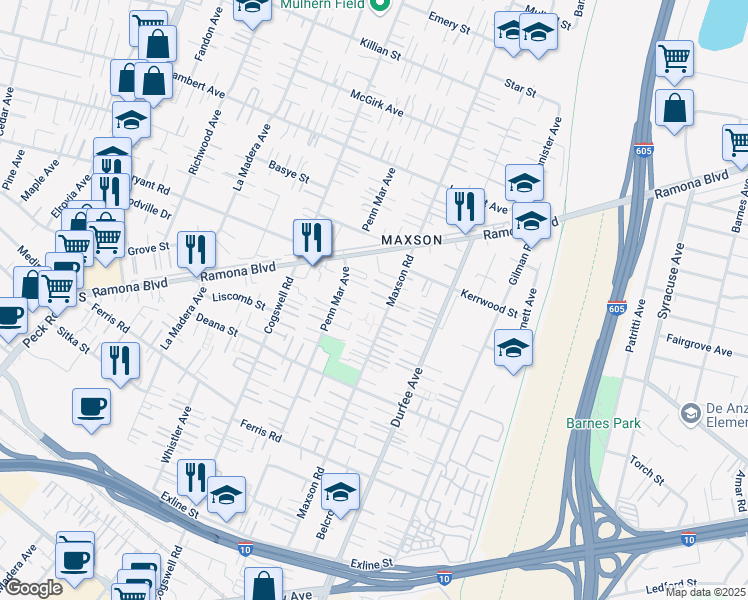 map of restaurants, bars, coffee shops, grocery stores, and more near 4009 1/2 Maxson Road in El Monte