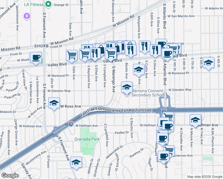 map of restaurants, bars, coffee shops, grocery stores, and more near 1631 South Marengo Avenue in Alhambra