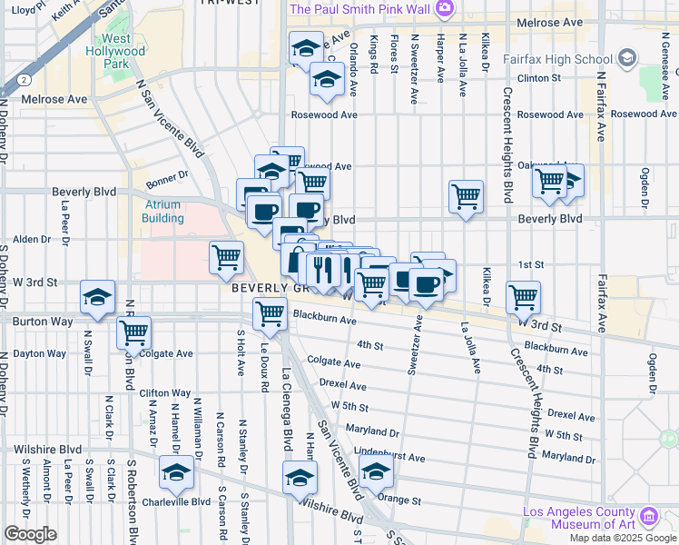 map of restaurants, bars, coffee shops, grocery stores, and more near 116 South Croft Avenue in Los Angeles