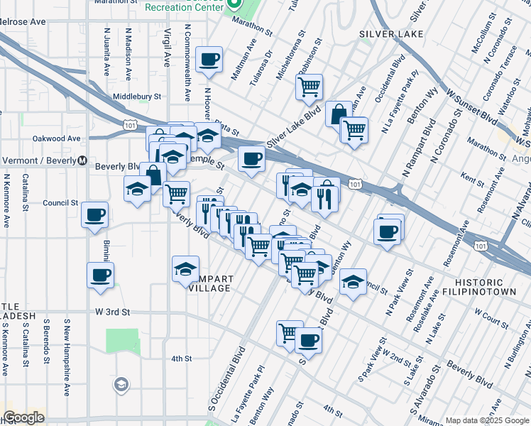 map of restaurants, bars, coffee shops, grocery stores, and more near 223 North Vendome Street in Los Angeles