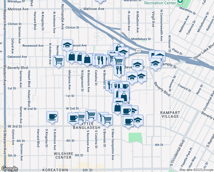 map of restaurants, bars, coffee shops, grocery stores, and more near 140 North Berendo Street in Los Angeles