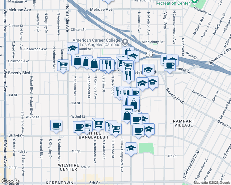 map of restaurants, bars, coffee shops, grocery stores, and more near 140 North Berendo Street in Los Angeles