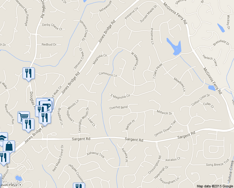map of restaurants, bars, coffee shops, grocery stores, and more near 12070 South Magnolia Circle in Alpharetta