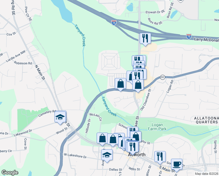 map of restaurants, bars, coffee shops, grocery stores, and more near 5031 Little Harbor Way in Acworth