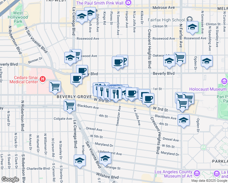 map of restaurants, bars, coffee shops, grocery stores, and more near 112 South Flores Street in Los Angeles